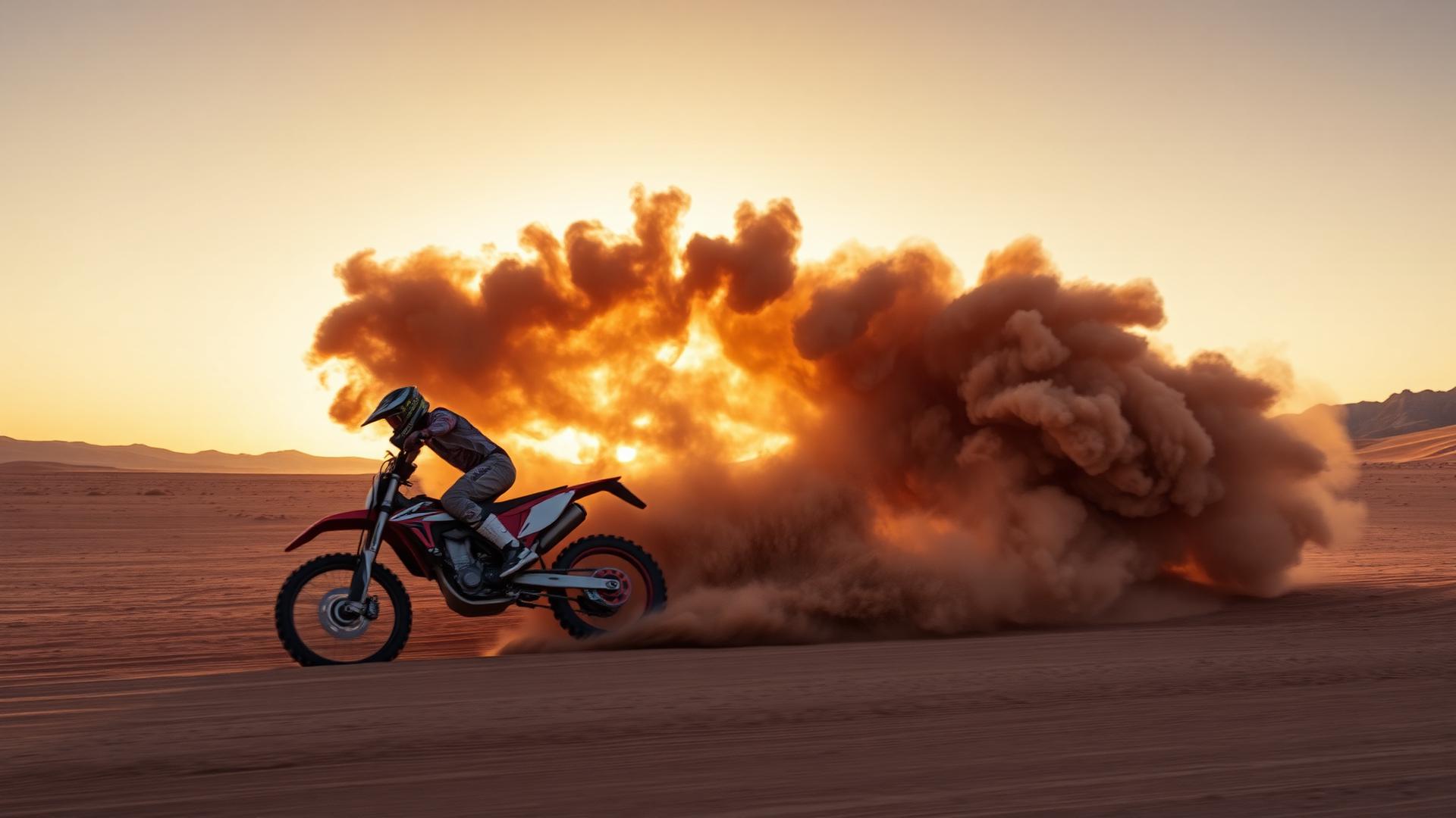 Dirt bike rider kicking up dust at RahVille MX at golden hour
