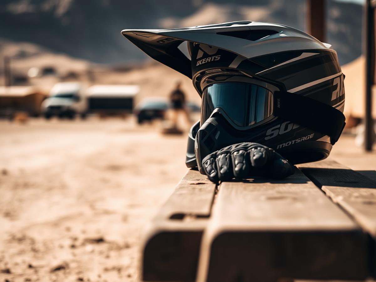 Motocross helmet, gloves and goggles at the compound